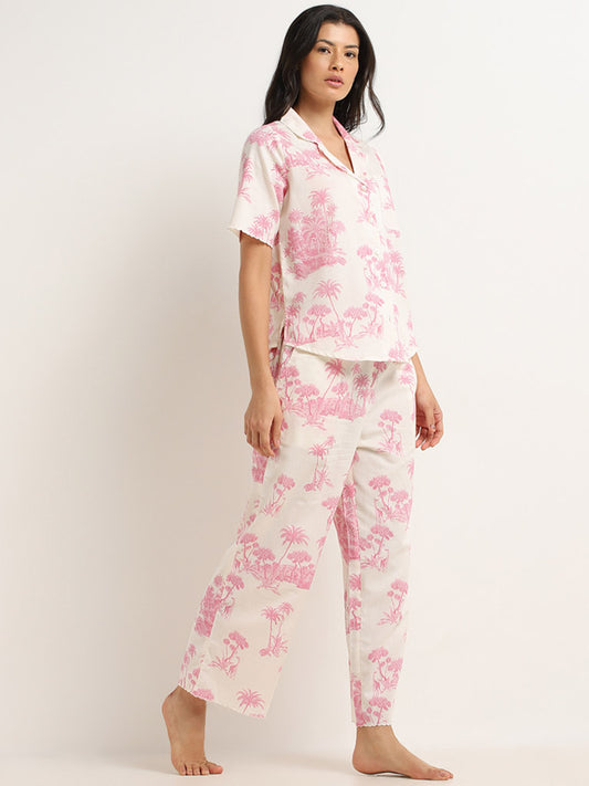 Wunderlove Pink Tropical Inspired Cotton Shirt with Mid-Rise Pyjamas Set
