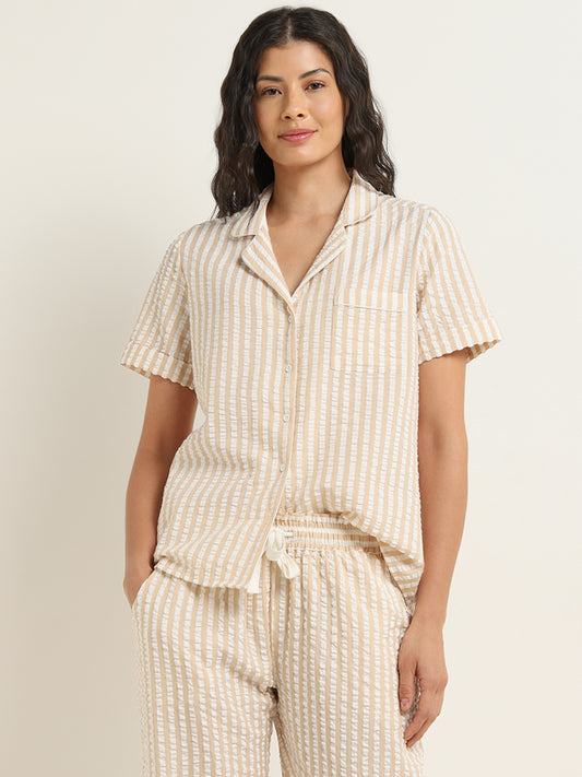 Wunderlove Beige Seersucker Striped Cotton Shirt and Mid-Rise Pyjamas Set