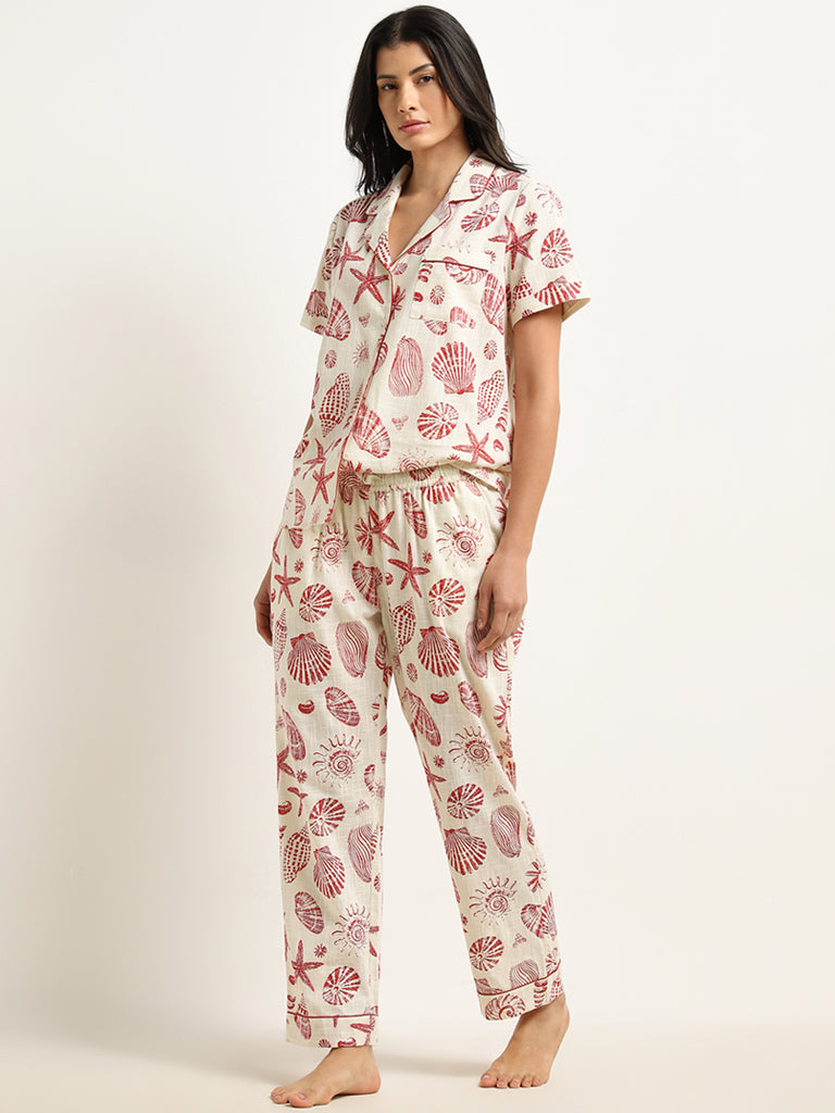 Wunderlove Beige Seashell Printed Cotton Shirt with Pyjamas Set