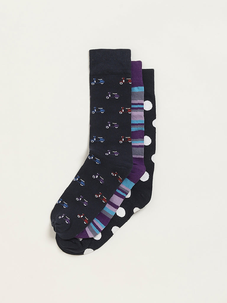 WES Lounge Multicolour Printed Cotton Blend Full Length Socks - Pack of 3