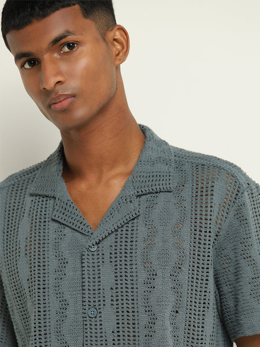 Nuon Teal Knitted Relaxed-Fit Shirt