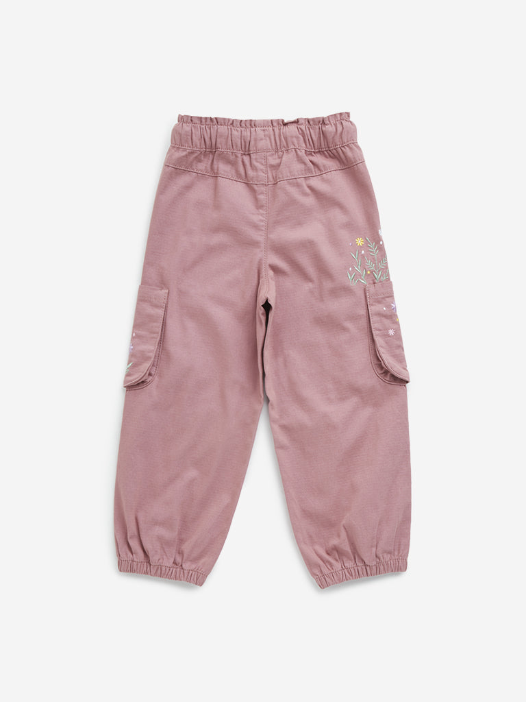 HOP Kids Dusty Pink Floral Embroidered High-Rise Cotton Joggers