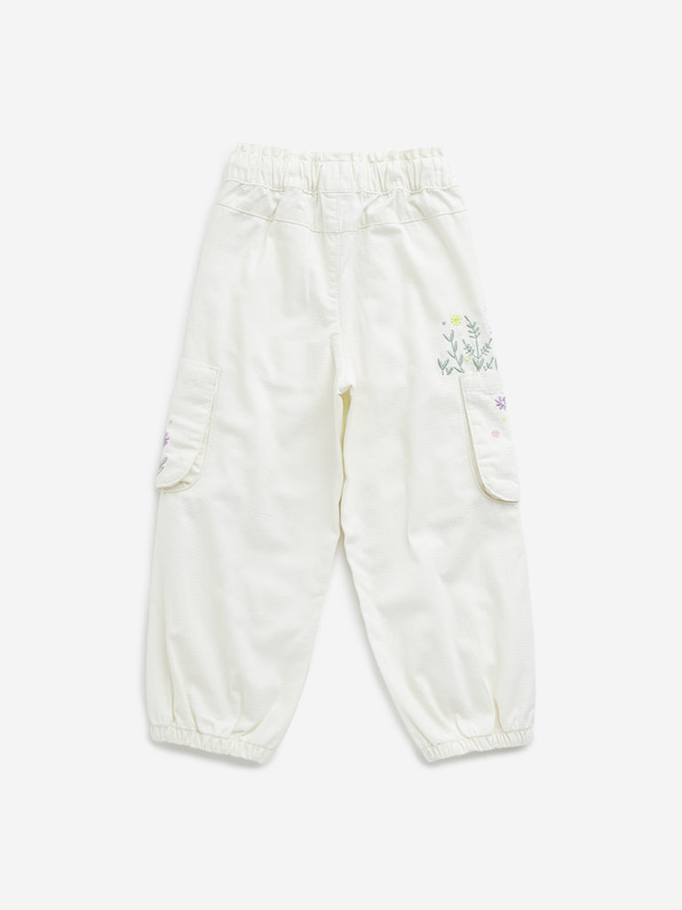 HOP Kids Off-White Floral Embroidered Mid-Rise Joggers