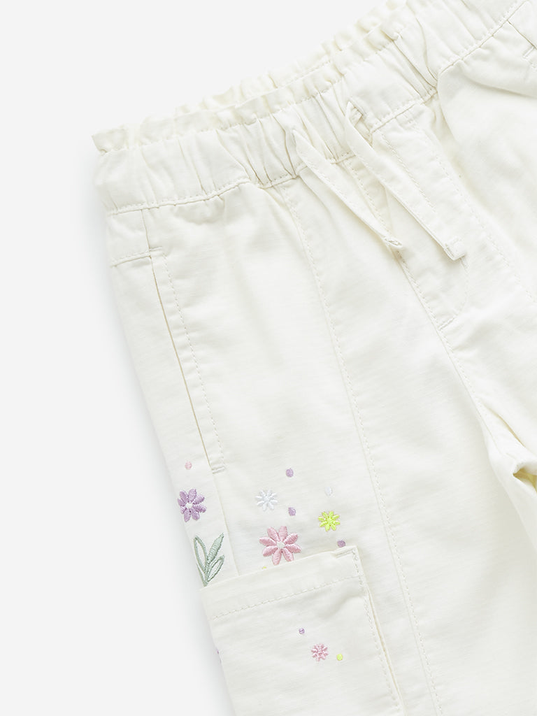 HOP Kids Off-White Floral Embroidered Mid-Rise Joggers