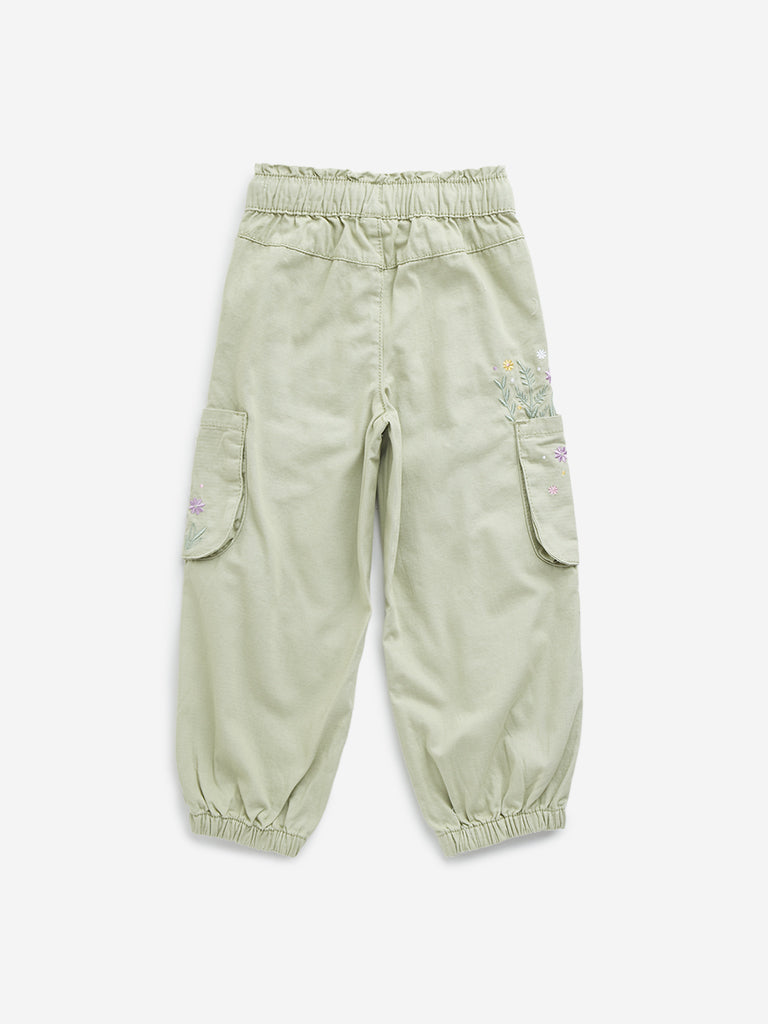 HOP Kids Light Sage Floral Embroidered High-Rise Cotton Joggers