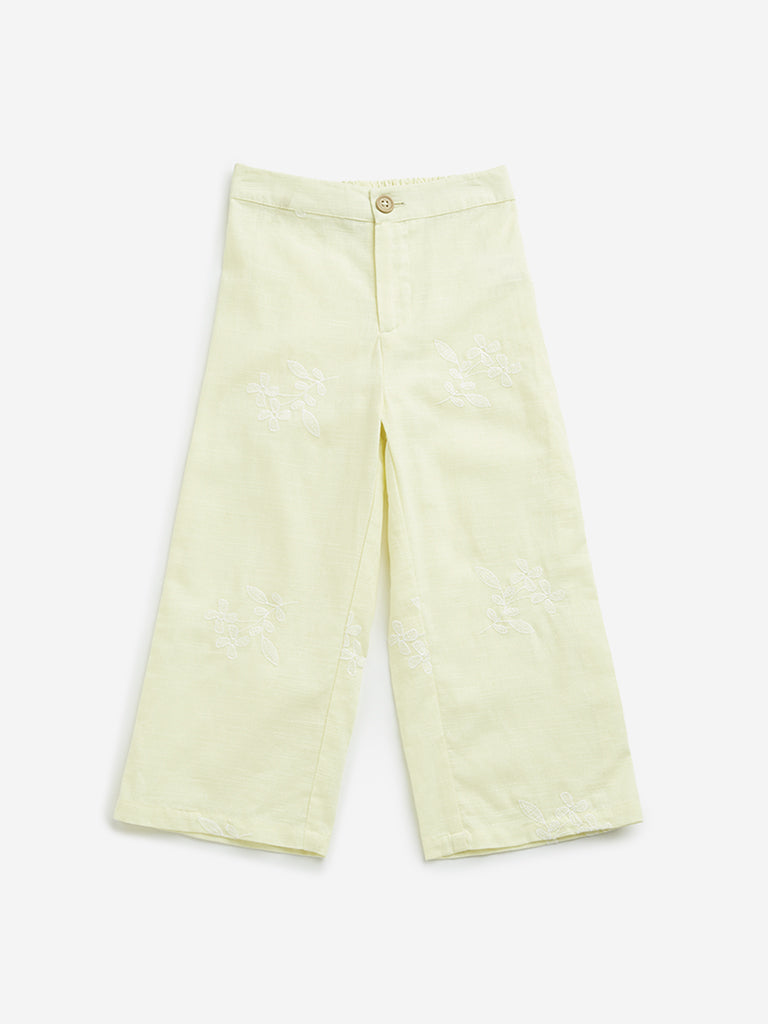 HOP Kids Yellow Mid Rise Embroidered Blended Linen Pants