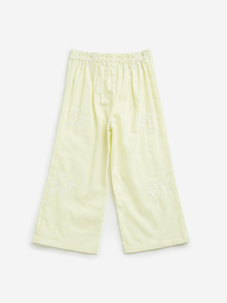 HOP Kids Yellow Mid Rise Embroidered Blended Linen Pants