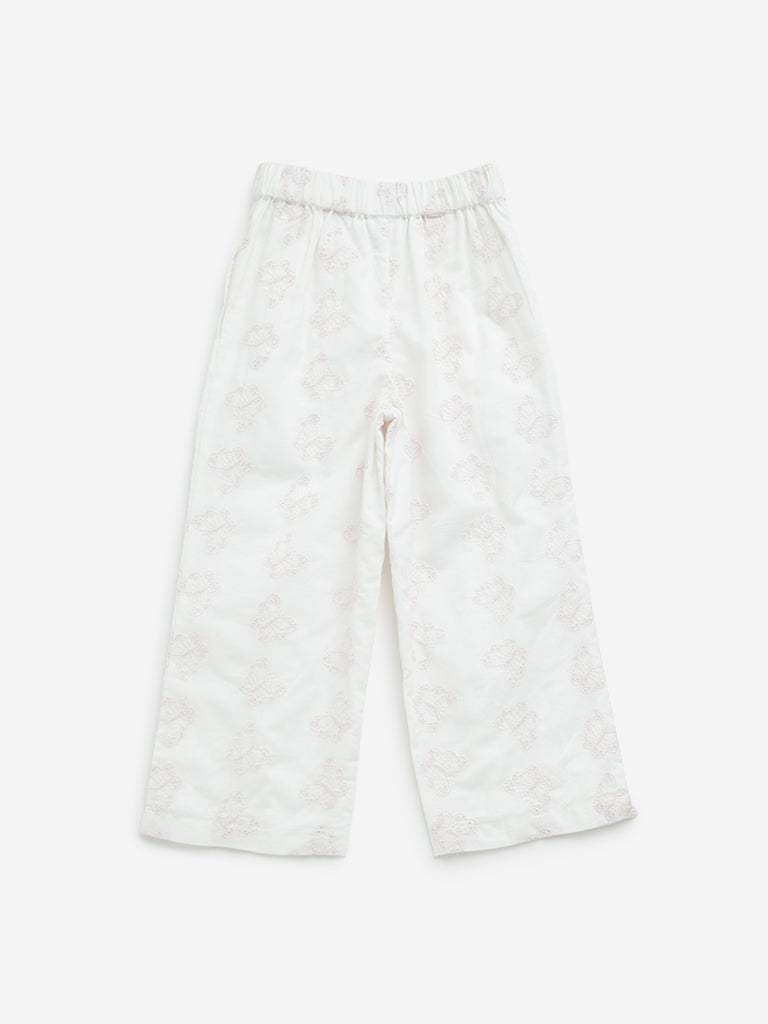 HOP Kids White Butterfly Schiffli Mid-Rise Cotton Pants