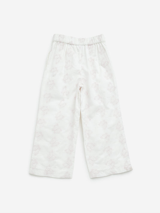 HOP Kids White Butterfly Schiffli Mid-Rise Cotton Pants