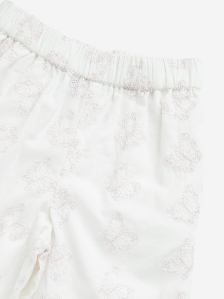 HOP Kids White Butterfly Schiffli Mid-Rise Cotton Pants