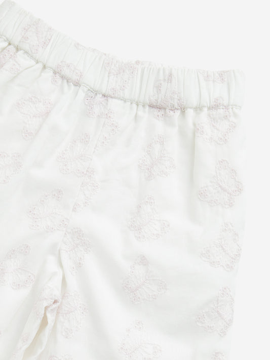 HOP Kids White Butterfly Schiffli Mid-Rise Cotton Pants
