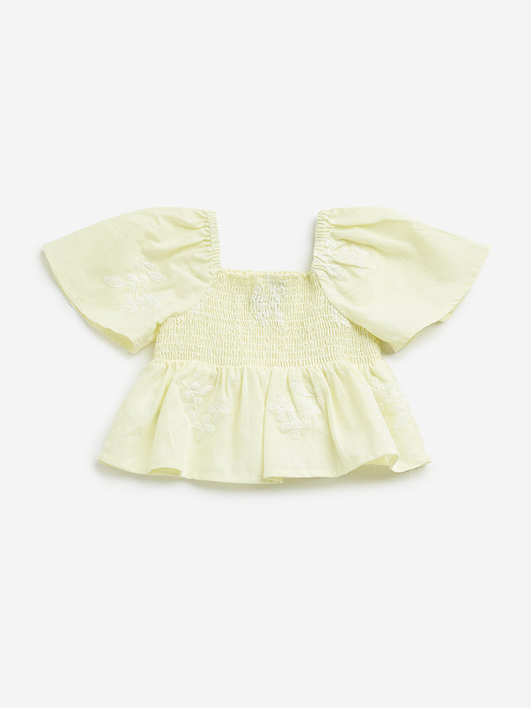 HOP Kids Yellow Floral Embroidered Blended Linen Top