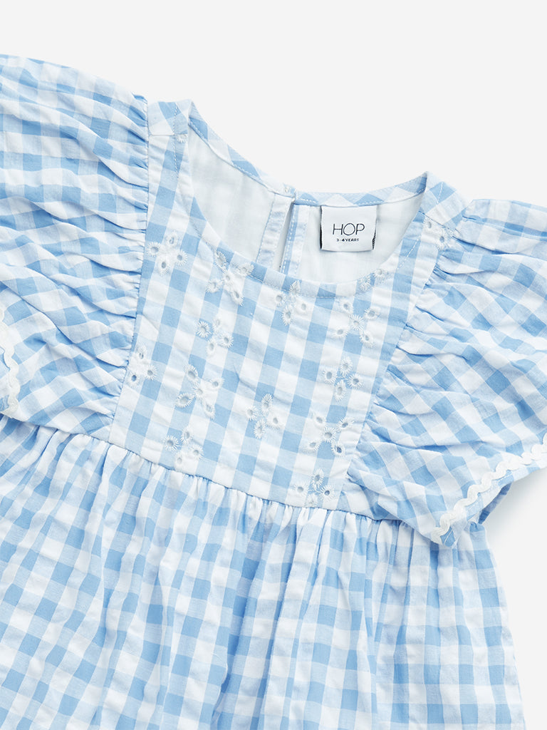 HOP Kids Blue Checkered Design A-Line Cotton Dress