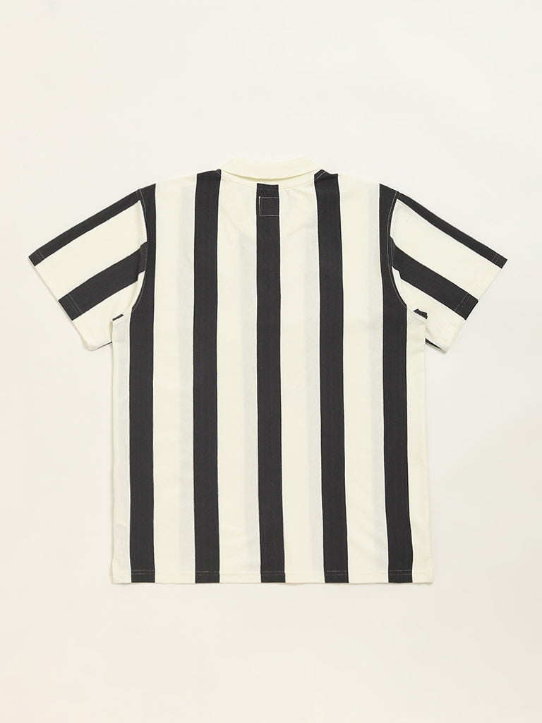 Y&F Kids Black Stripe Printed Polo Cotton T-Shirt