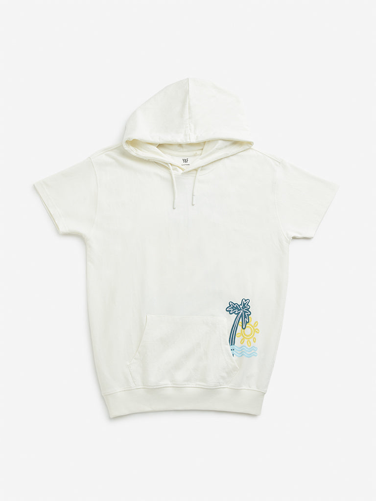 Y&F Kids Off-White Tropical Inspired Hooded Cotton T-Shirt