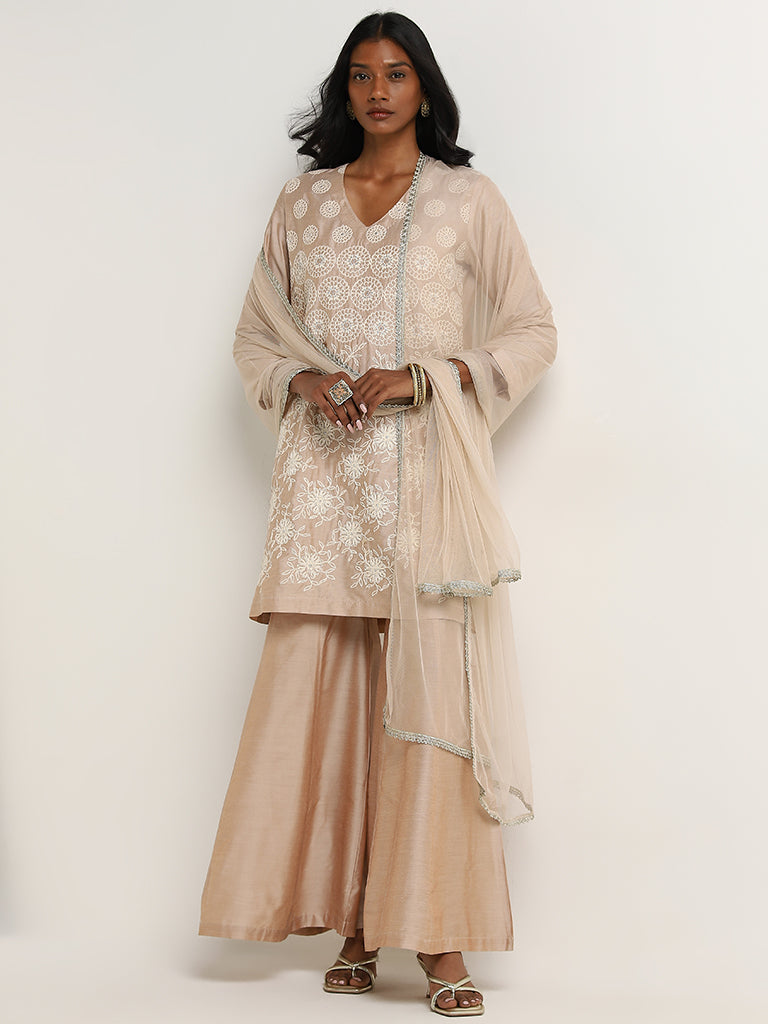 Vark Beige Embroidered Kurti, Palazzos & Dupatta Set