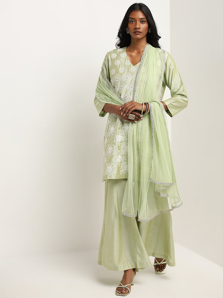 Vark Light Green Embroidered Kurti, Palazzos & Dupatta Set