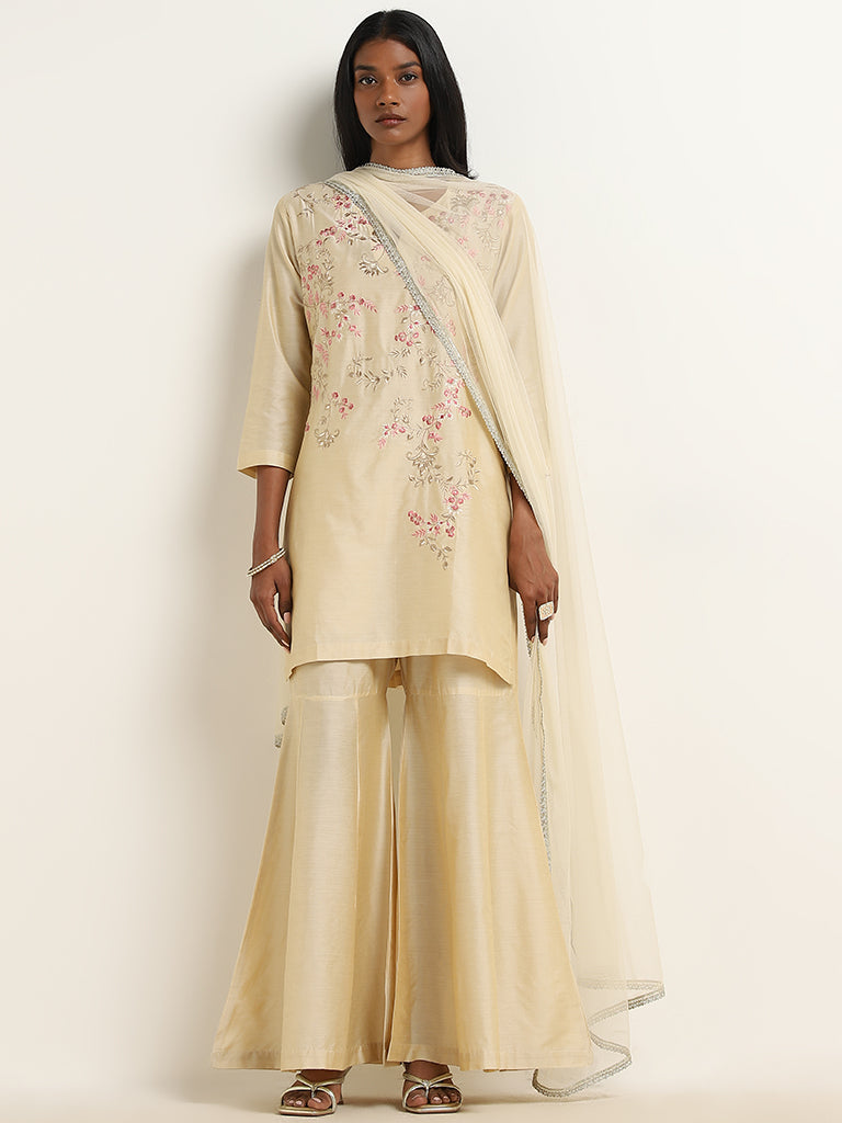 Vark Beige Floral Embroidered Kurti, Gharara & Dupatta Set