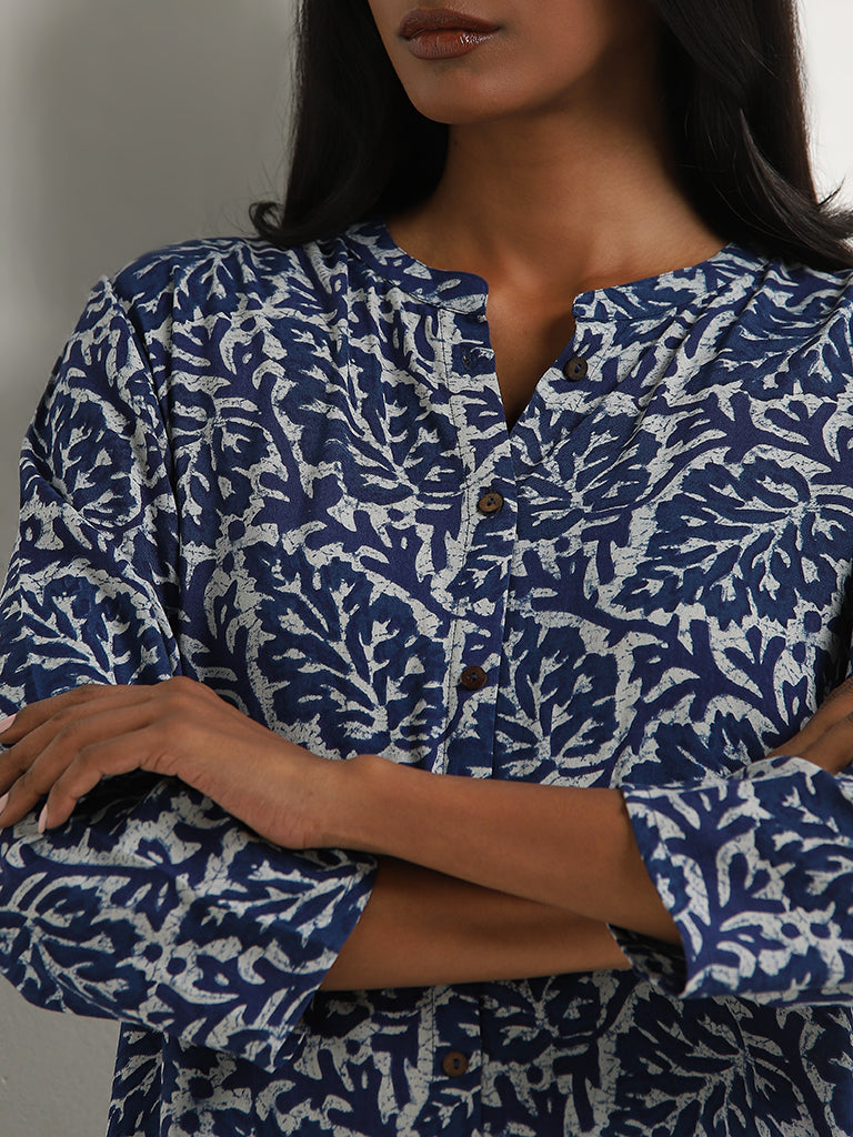 Utsa Blue Leaf Printed A-Line Kurta