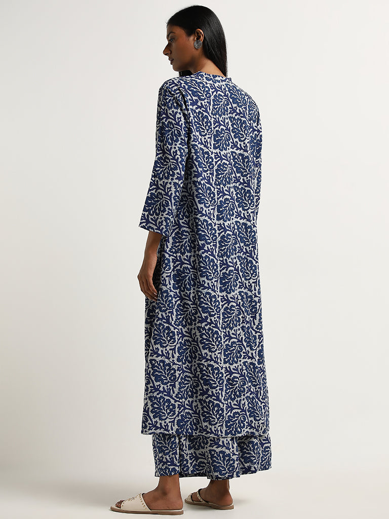 Utsa Blue Leaf Printed A-Line Kurta