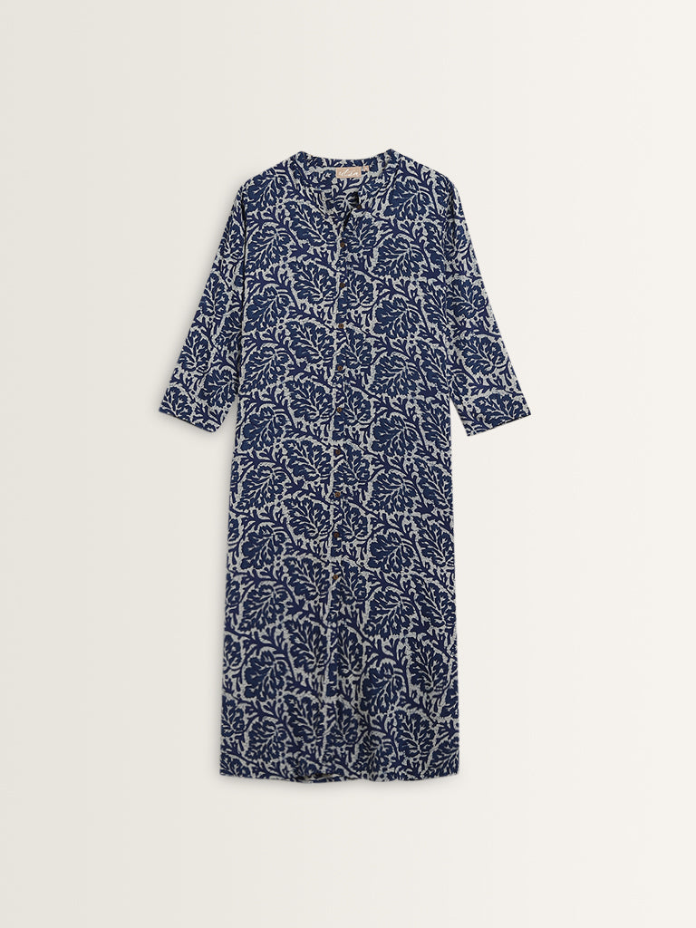 Utsa Blue Leaf Printed A-Line Kurta