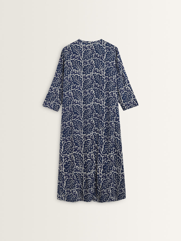 Utsa Blue Leaf Printed A-Line Kurta