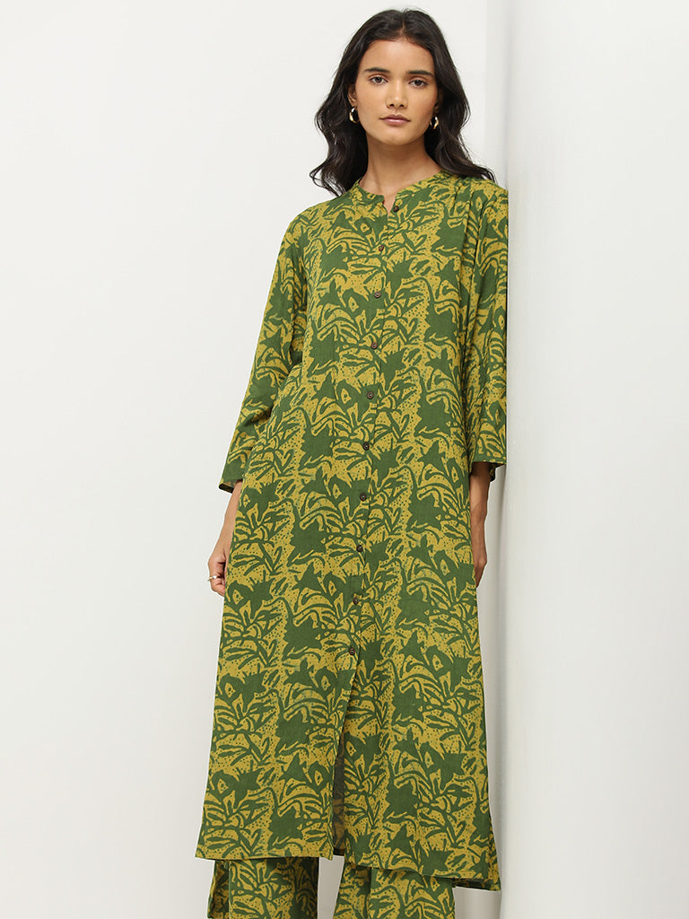 Utsa Dark Green Foliage Print A-line Kurta