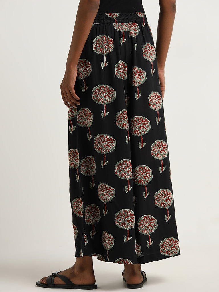 Utsa Black Foliage Printed High-Rise Palazzos