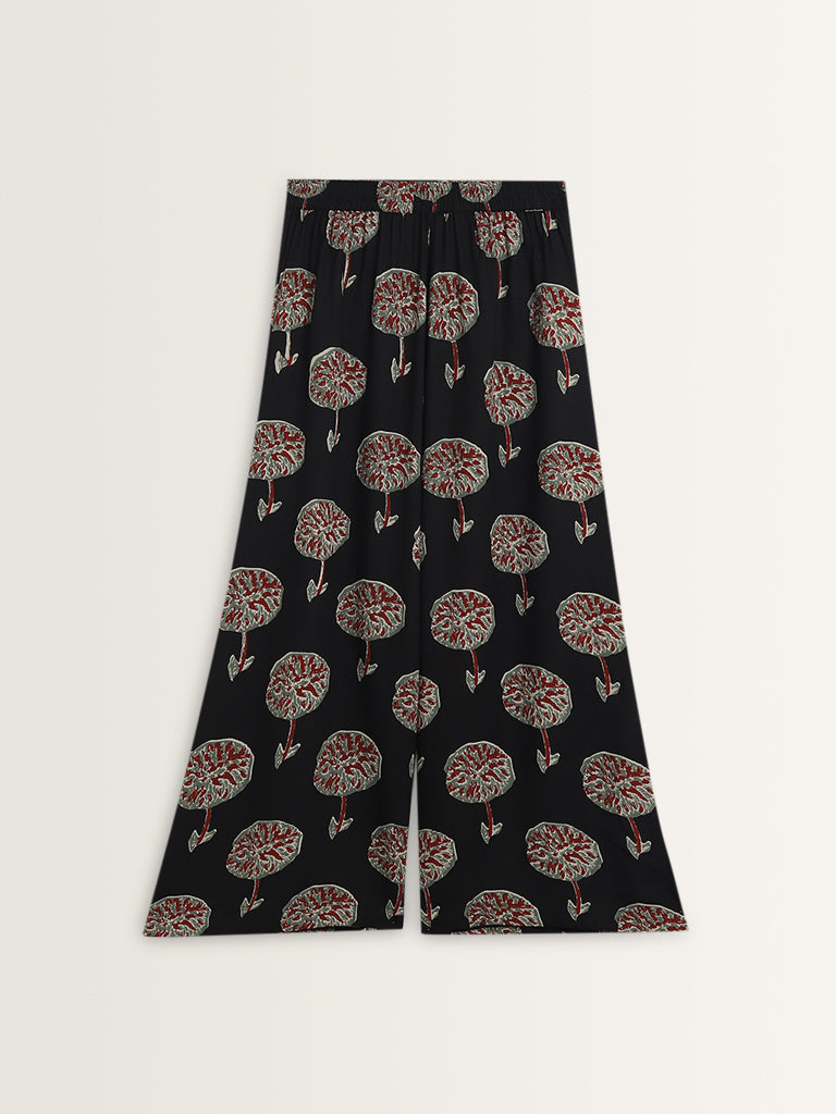 Utsa Black Foliage Printed High-Rise Palazzos