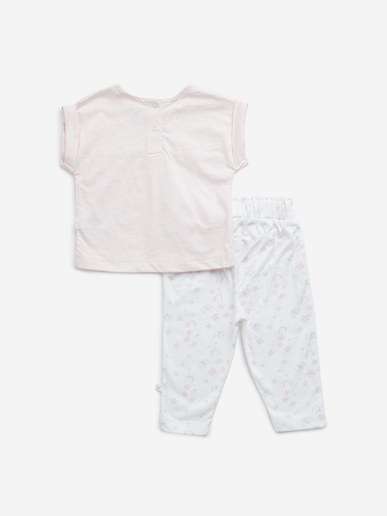 HOP Baby Pink Schiffli Design Cotton Top and Pants Set