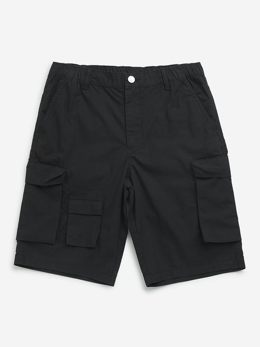 Y&F Kids Black Solid Mid-Rise Cotton Shorts