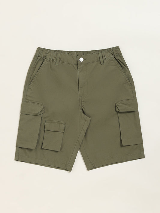 Y&F Kids Olive Solid Mid-Rise Cotton Shorts