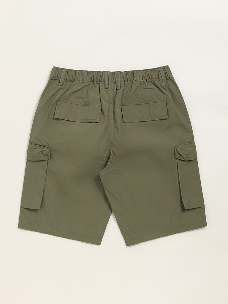 Y&F Kids Olive Solid Mid-Rise Cotton Shorts