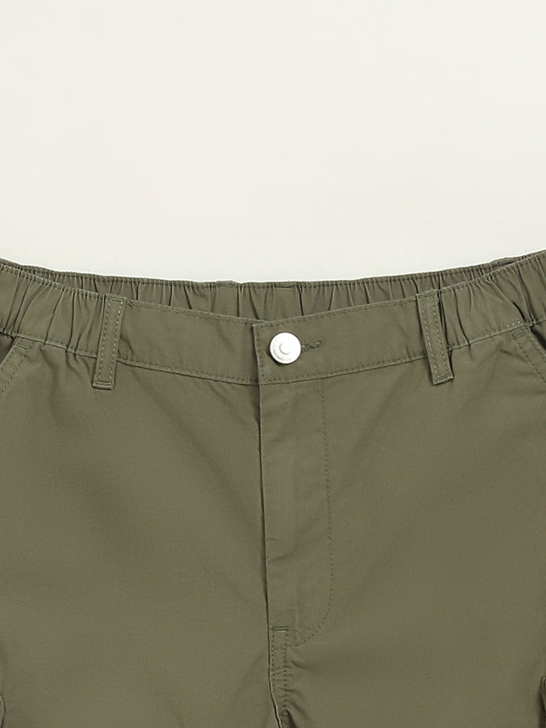 Y&F Kids Olive Solid Mid-Rise Cotton Shorts