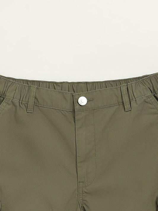 Y&F Kids Olive Solid Mid-Rise Cotton Shorts