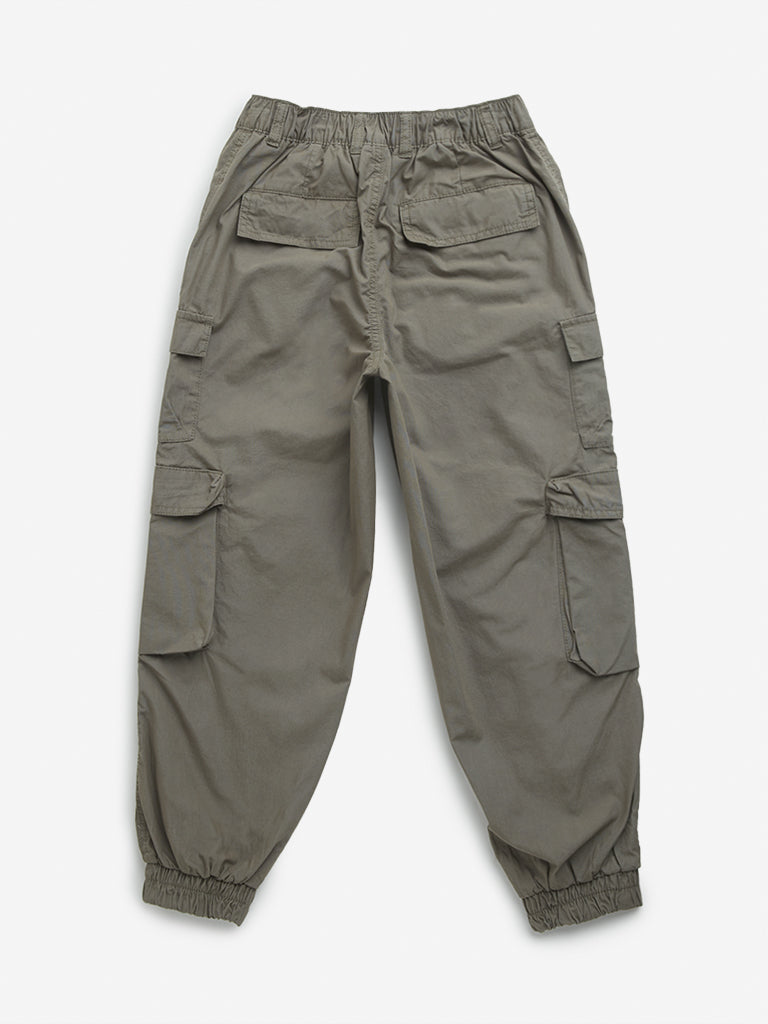 Y&F Kids Olive High-Rise Cargo-Style Cotton Joggers