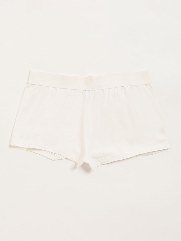 Superstar White Solid Boy Shorts Cotton-Blend Brief