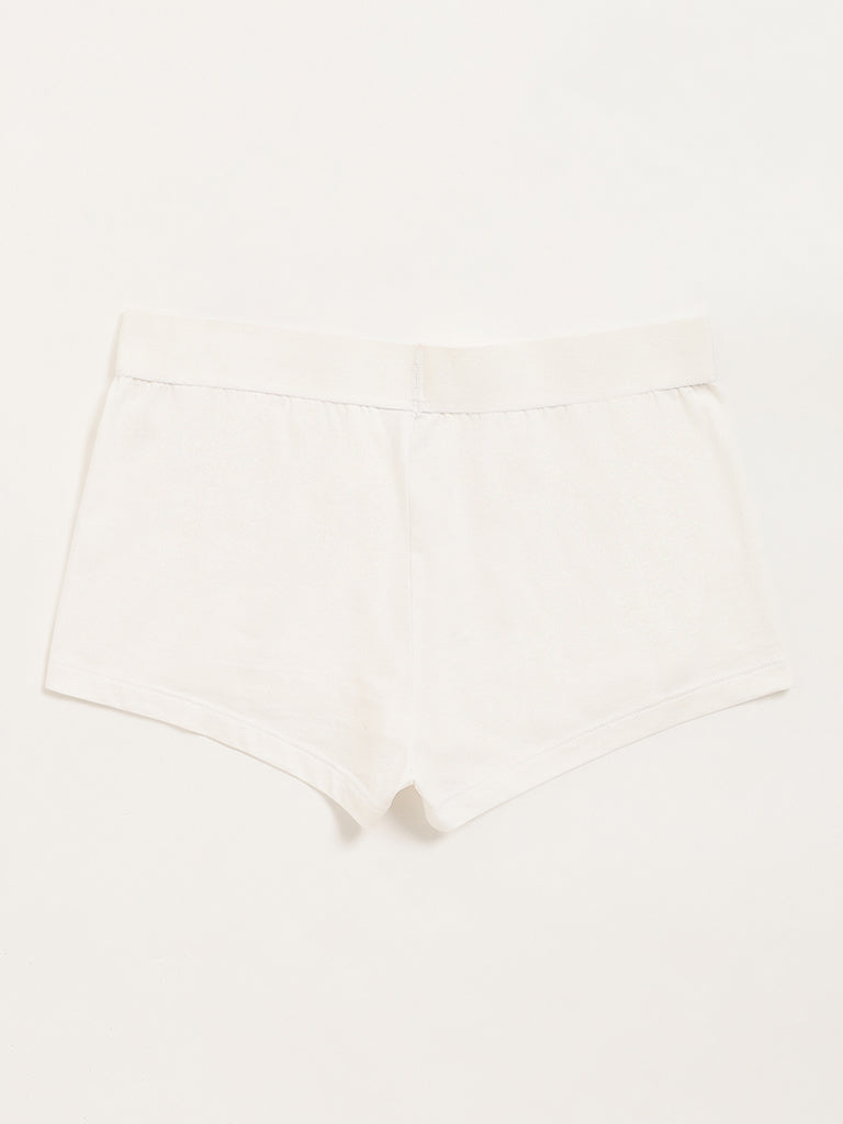 Superstar White Solid Boy Shorts Cotton-Blend Brief