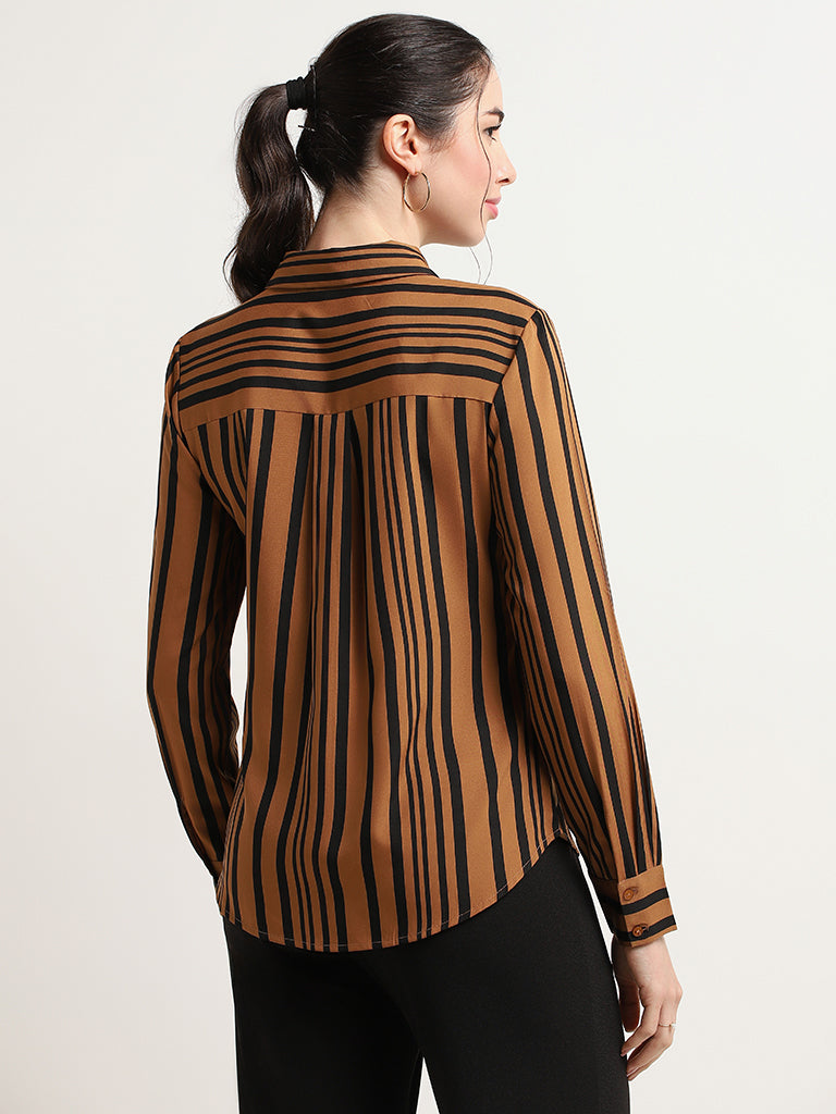 Wardrobe Tan Striped Polyester Shirt