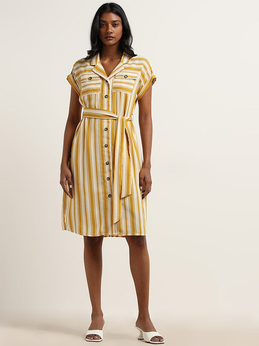 Wardrobe Yellow Striped Design Shirt Dress with Belt