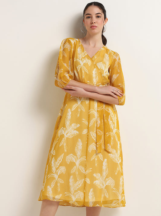 Wardrobe Yellow Printed Wrap Midi Dress with Belt