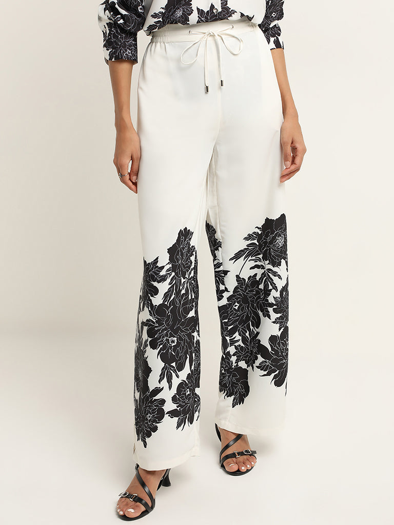 Wardrobe Ivory Floral Printed Mid-Rise Pants