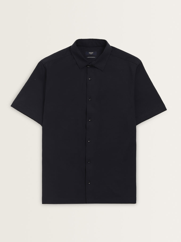 Ascot Navy Solid Cotton Blend Relaxed Fit Shirt