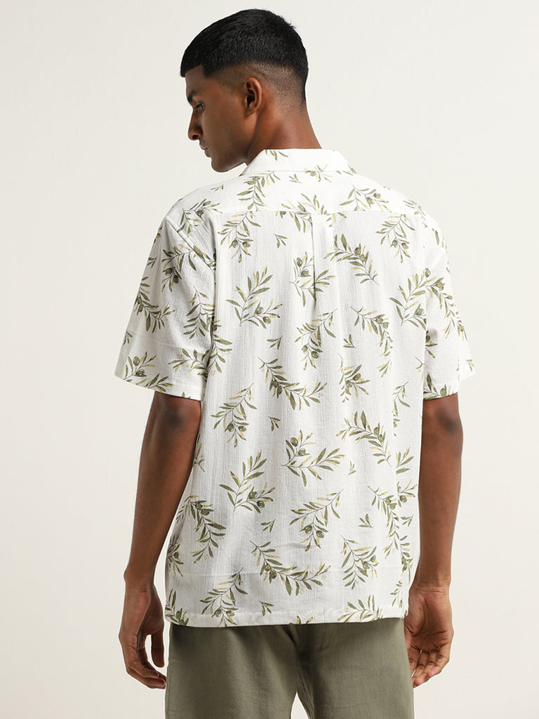 ETA Off-White Cotton Leaf Print Relaxed Fit Shirt