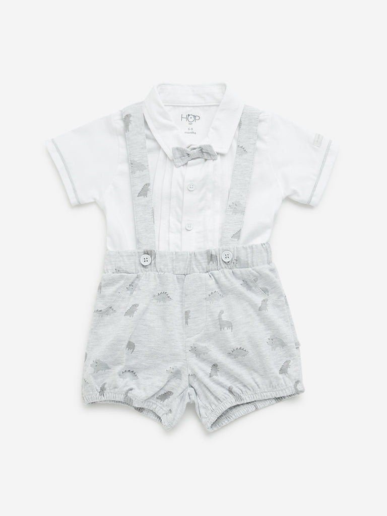 HOP Baby Grey Dinosaur Cotton Dungaree, Shirt & Bow Set