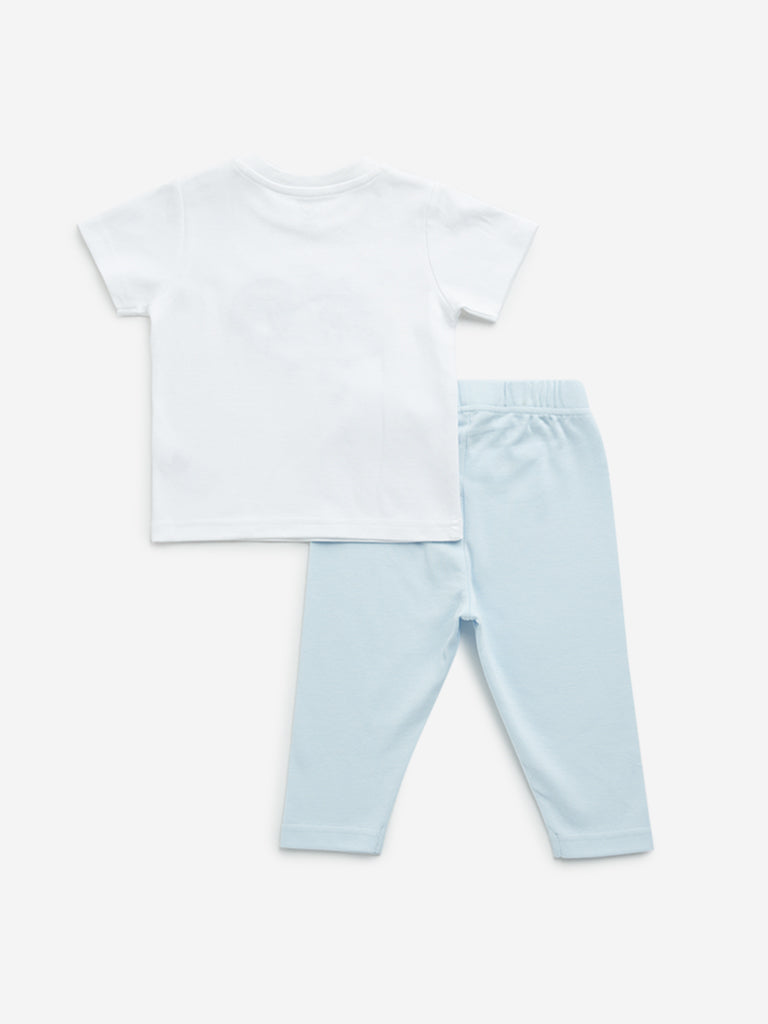 HOP Baby Light Blue Dinosaur Printed Cotton T-Shirt with Pants Set