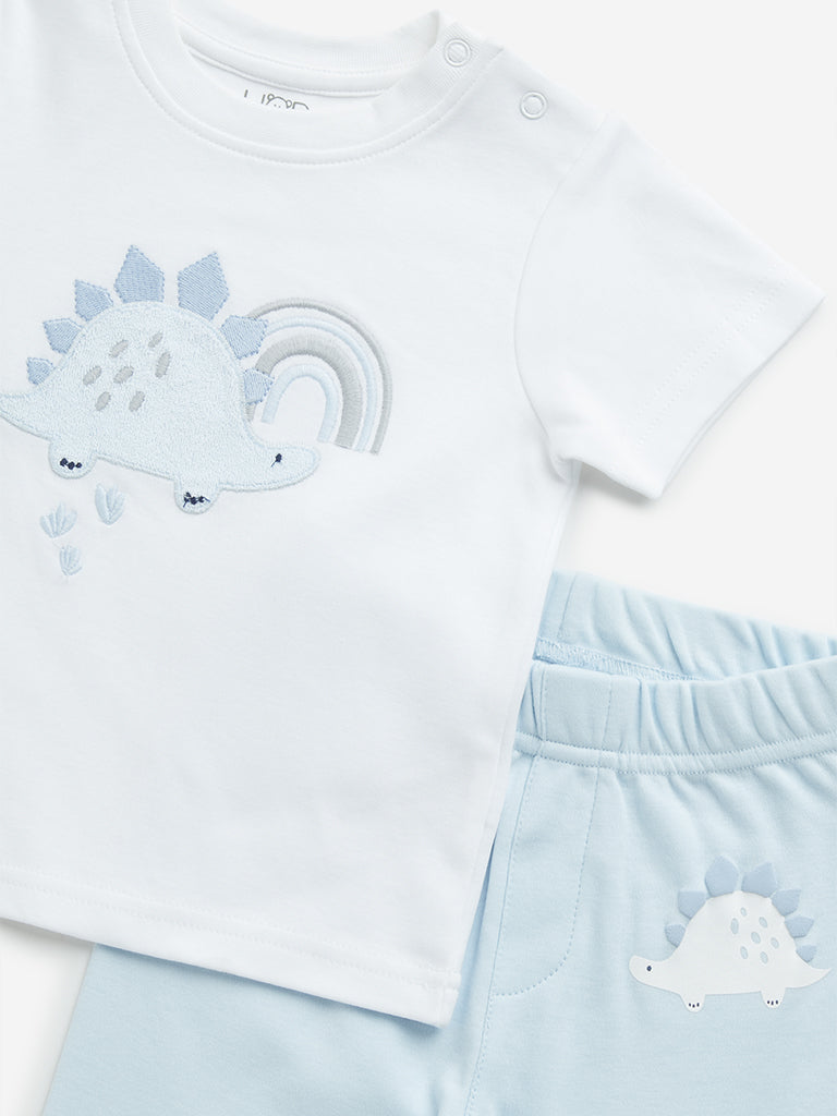 HOP Baby Light Blue Dinosaur Printed Cotton T-Shirt with Pants Set