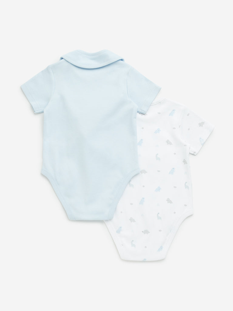 HOP Baby Blue Dinosaur Cotton Rompers with Bib - Pack of 2