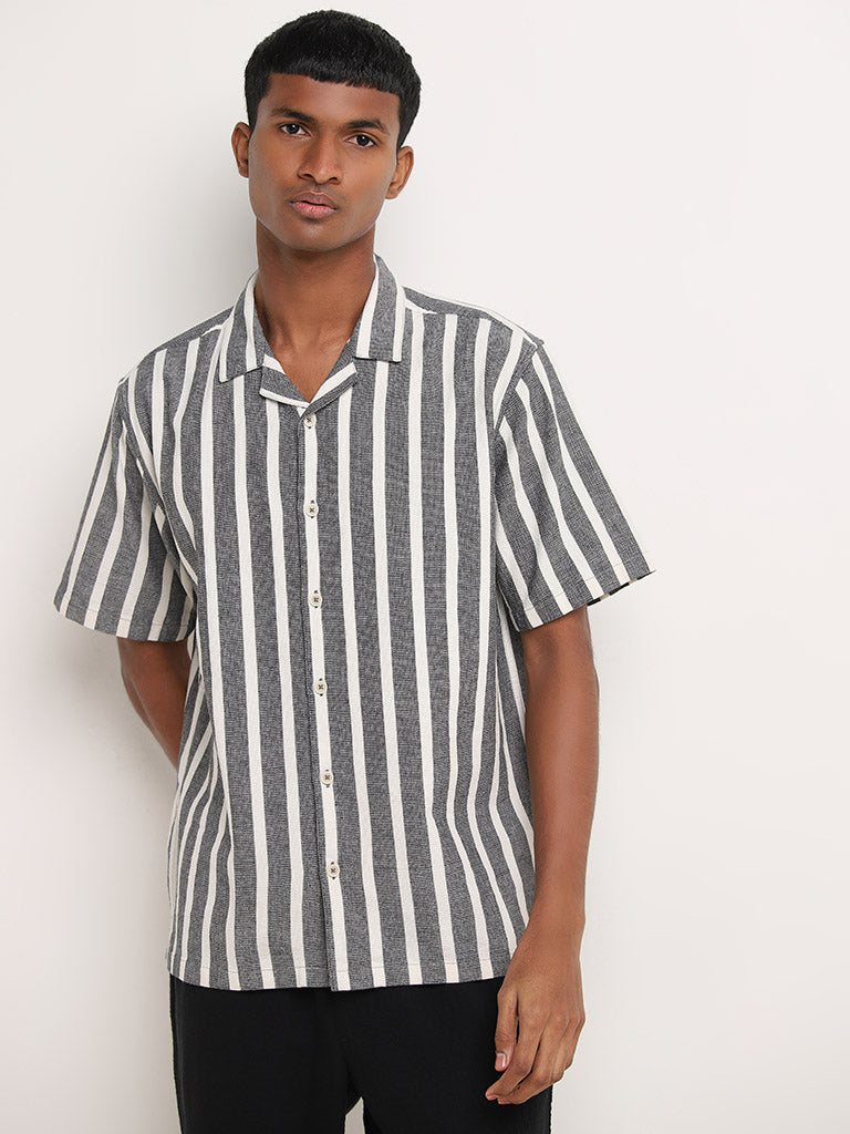 ETA Grey Striped Relaxed-Fit Cotton Shirt