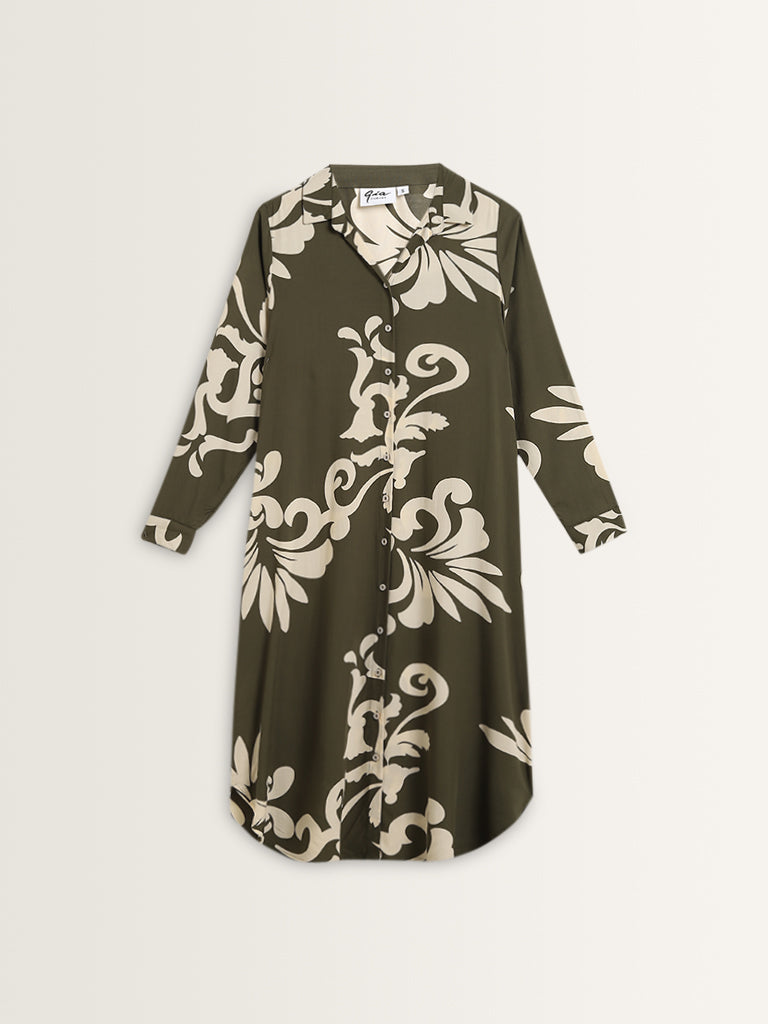 Gia Olive Printed High-Low Shirt Dress